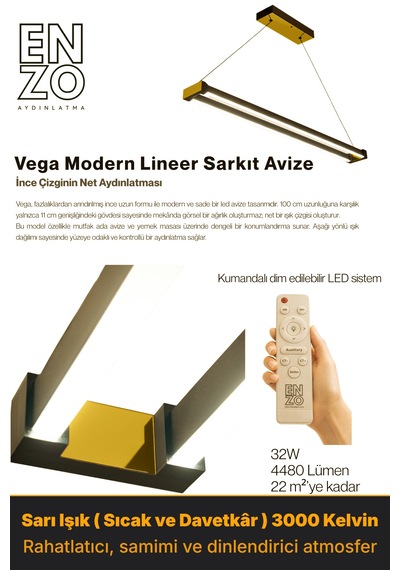 Vega Gold Lineer Led Sarkıt Avize Kumandalı Dim Edilebilir Aşağı Işık Sarı Işık