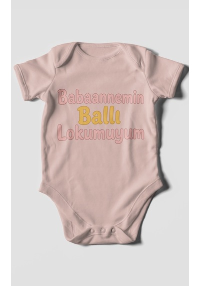 Morivokids Babaannemin Ballı Lokumuyum Kısa Kollu Bebek Body %100 Pamuk Pastel Pembe