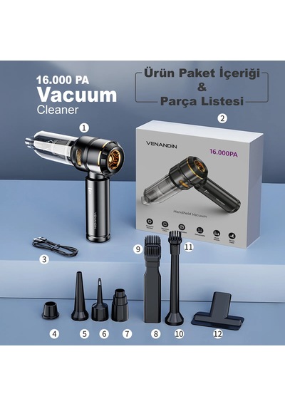 Venandın St-6659 Plus 16.000 Pa Şarjlı Oto El Süpürgesi - Kablosuz Çok Başlıklı Çantalı Araç Süpürgesi 0 - 1 Saat