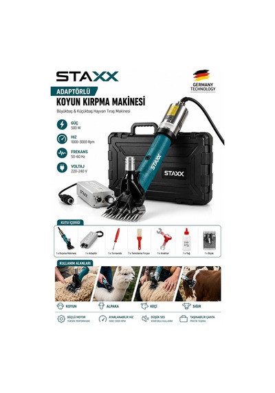 Staxx Kkad100 Rus Tipi Adaptörlü Hayvan Kırpma Makinesi 500w Koyun Keçi Alpaka Sığır Tıraş Makinesi