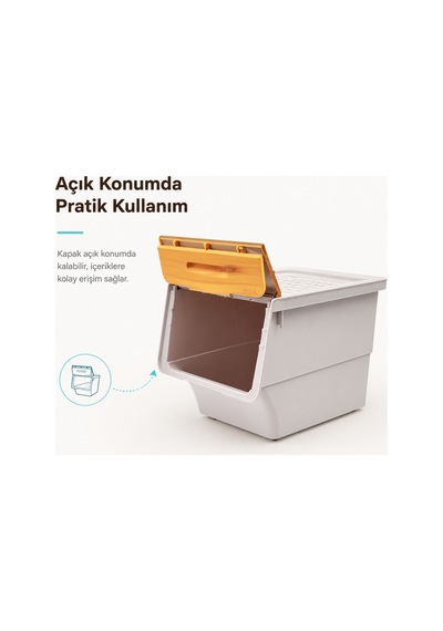 3 Katlı Tekerlekli Kapaklı Saklama Kutusu, Eşya Ve Erzak Organizer 3x12 Litre Bambu Bej Bej