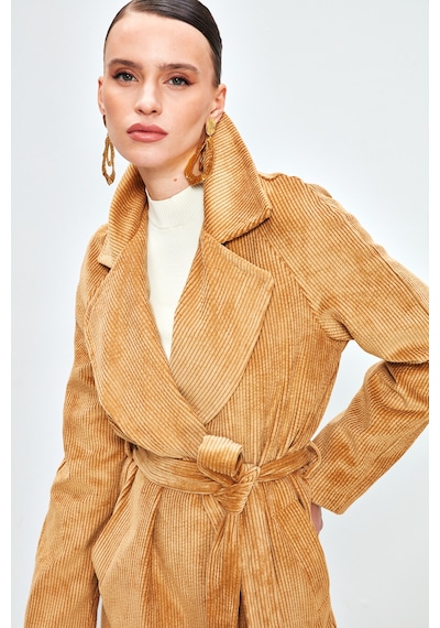 Sateen Uzun Kadife Trençkot - Sarı-134015 Sarı