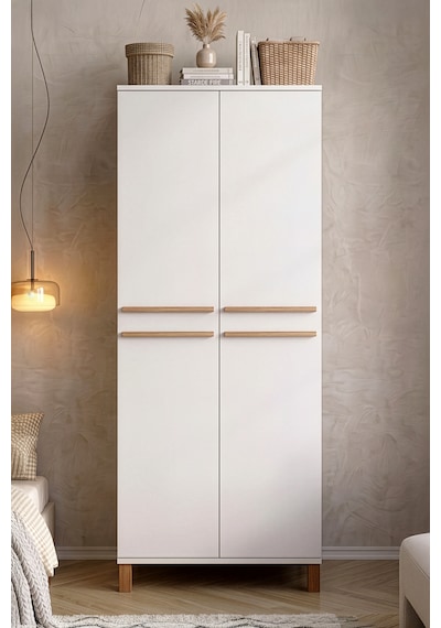 Robin Home Porto Ahşap Ayaklı 2 Kapaklı Raflı Bölmeli Tekli Gardırop Bebek Genç Odası Dolabı Elbise Dolabı Beyaz