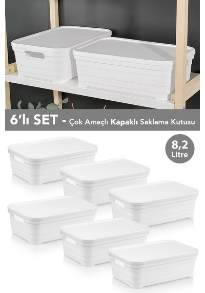 6 Adet Kapaklı Dekoratif Piramit Saklama Kutusu - Dolap Düzenleyici Organizer Kutu 8,2 Litre Beyaz Beyaz