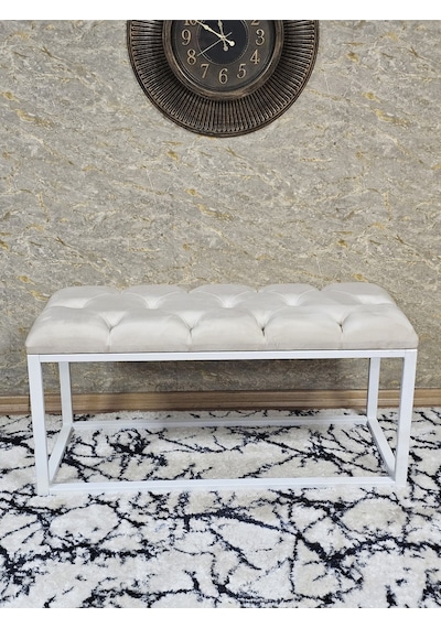 Zafir Beyaz Boyalı Diktörtgen 100 Cm X 40 Cm Oturak Puf - Bench - Makyaj Oturağı - Oturak Krem