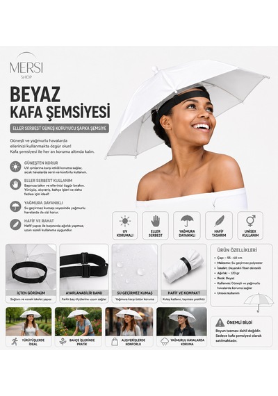 Mersi Shop Beyaz Kafa Şemsiyesi Eller Serbest Güneş Koruyucu Şapka Şemsiye