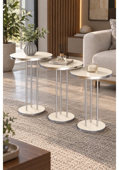Sulorahome Gümüş Metal Ayaklı Krem Bej 3'lü Yuvarlak Zigon Sehpa Takımı