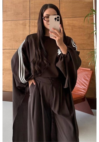 Neşeli Butik Kadın Kahve Şerit Detaylı Oversize Tunik Pantolon İkili Tesettür Takım Nms102 Kahverengi