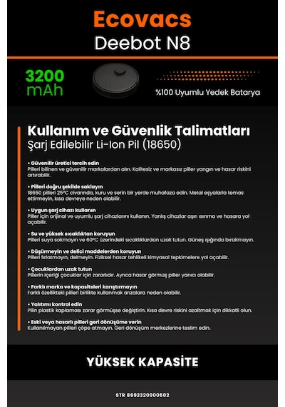 Ecovacs Deebot N8 Uyumlu 3200mah Robot Süpürge Bataryası - Yüksek Kapasite