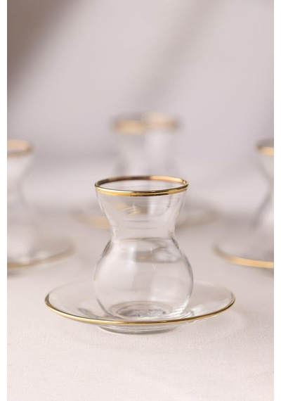 Astoria Gold Premium Çay Seti Koleksiyonu - Altın Yaldızlı Kristal Cam - 12 Parça 140cc Bardak Ve Tabak - El İşçiliği Detaylar - Çay Servisi Çok Renkli