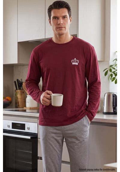 Siyah İnci Nakışlı Pamuklu Likralı Örme Pijama Takım 26241801 bordo