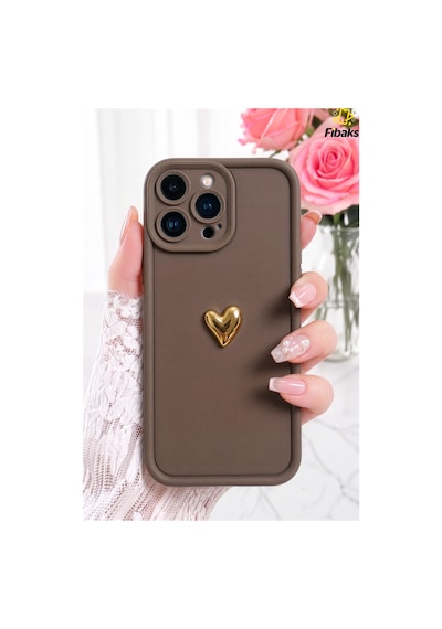 Fibaks iPhone 16 Pro Max Uyumlu Kılıf 3d Kalp Tasarımlı Kahverengi Desenli Yumuşak Kamera Korumalı Kapak