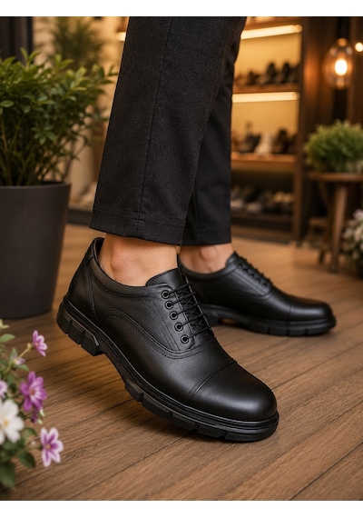 Beren Erkek Siyah Hakiki Deri Ortopedik İç Tabanlı Cap-toe Bağcıklı Günlük Casual Ayakkabı