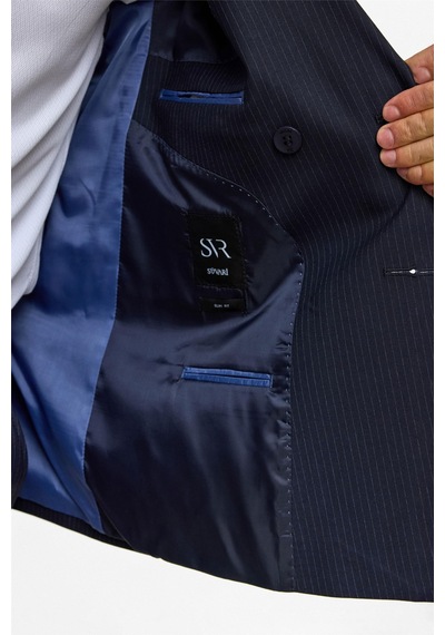 Süvari Lacivert Slim Çizgili Kruvaze Yaka 6 Drop Takım Elbise-38746 Lacivert