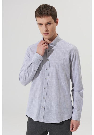 AC&Co / Altınyıldız Classics Erkek Antrasıt Slim Fit Dar Kesim Düğmeli Yaka Keten Görünümlü %100 Pamuk Flamlı Gömlek Antrasıt Antrasit