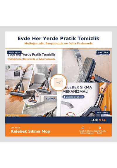 Kendinden Sıkmalı Kelebek Mekanizmalı Süngerli El Mopu Çelik Saplı Pratik Temizlik Seti