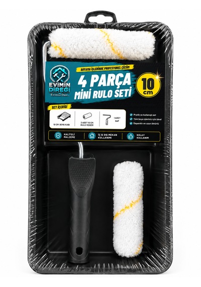 4 Parça Mini Boyacı Seti 10 Cm Rulo Boya Küveti Yedek Rulolu Saplı