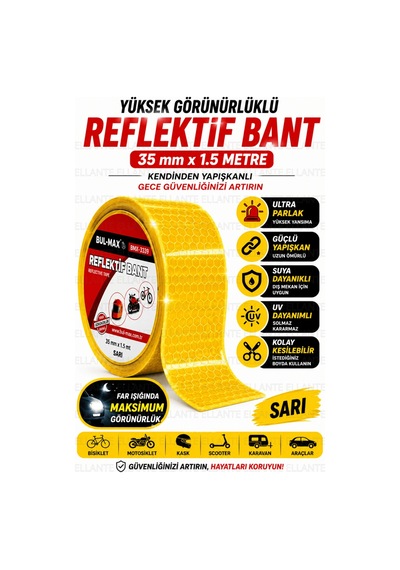 Sarı Reflektif Bant 3,5 Cm X 1.5 Metre Kendinden Yapışkanlı Gece Görünürlük Güvenlik Bandı Bisiklet