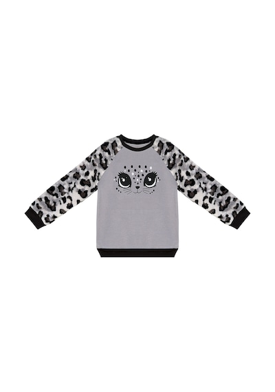 Kız Çocuk Kışlık Leopar Desenli Peluş Gri Uzun Kollu Sweatshirt 3-8 Yaş