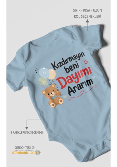 Morivokids Kızdırmayın Beni Dayımı Ararım Kısa Kollu Bebek Body %100 Pamuk Bebe Mavisi