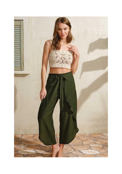 Findit Kalın Askılı Oyuk U Yaka Cotton Düz Yazlık Uzun Dantel Detaylı Pijama Takımı Haki