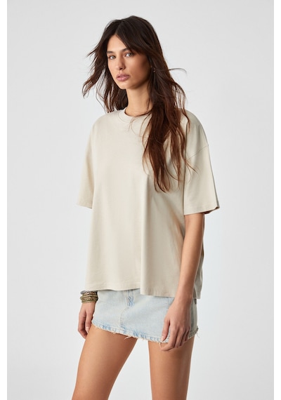 Grimelange LAGERTHA  Kadın %100 organik Pamuklu Kalın Dokulu Oversize Fit Yuvarlak Yakalı Taş Rengi T-Shirt