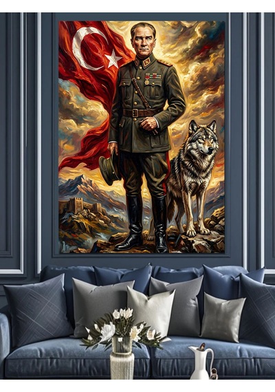 Atatürk Türk Bayrağı Ve Kurt Figürü Dekoratif Kanvas - Mdf Ahşap Tablo