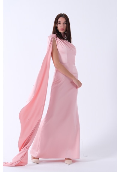 Feminist Pembe Yaka Kuşak Detaylı Tek Omuz Abiye 0801099