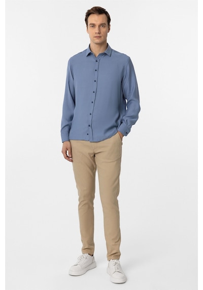 Süvari Mavi Slim Fit Düz Klasik Yaka Gömlek-34098 Mavi