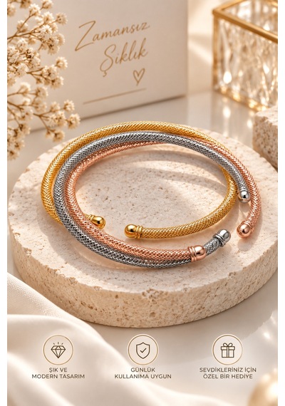 Kadın 3 Renk Örgü Bileklik Gold Gümüş Rose Gold Şık Tasarım Çok Renkli Çok Renkli