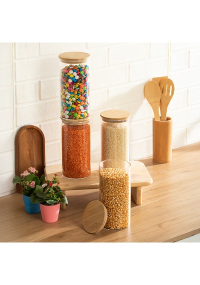 Porsima 417 4lü 1300 Ml Bambu Vakumlu Kapaklı Cam Kavanoz Seti Saklama Kabı 10x20cm Şeffaf