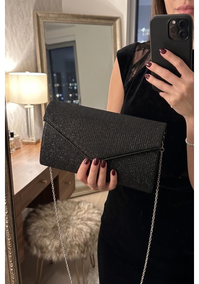 Vellabags Siyah Işıltılı Kadın Abiye Çanta Zincir Askılı Siyah - Taş
