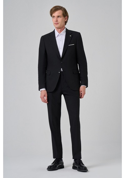 Morven Erkek Siyah Yünlü Slim Fit Mono Yaka Takım Elbise 25mc001045001 Siyah