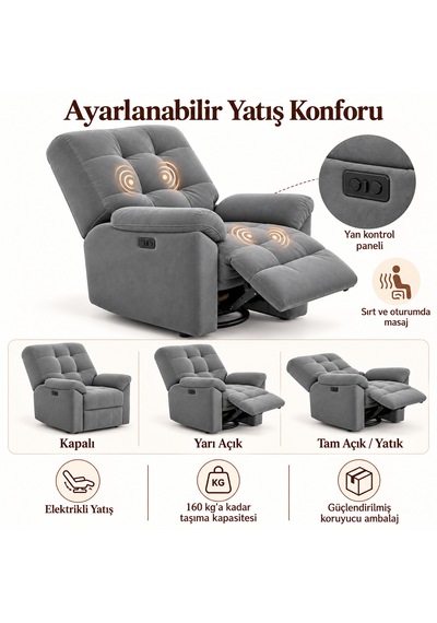 Smarto Relax Porto Masajlı Elektrikli Döner Sallanan Tv Koltuğu Kontrol Panelli Ergonomik Polyester Baba Koltuğu Gri Smarto Relax Porto Masajlı Elektrikli Döner Sallanan Tv Koltuğu Kontrol Panelli Ergonomik Polyester Baba Koltuğu Gri