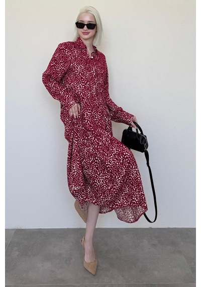 Madmext Bordo Uzun Kollu Düğmeli Desenli Elbise Mg2431 Bordo