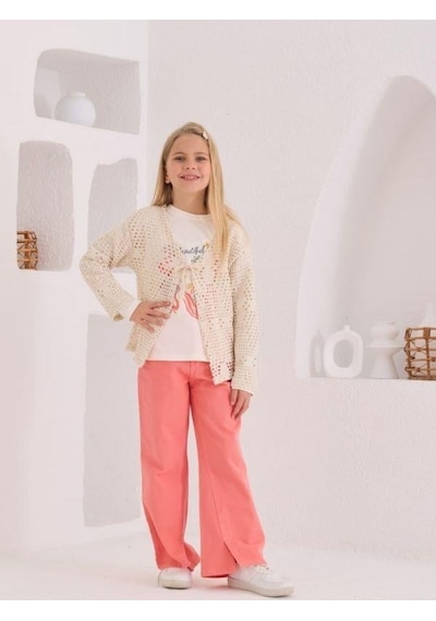 Cicihlid Kız Çocuk Üçlü Hırka Tshirt Pantolonlu Takım-15507 KREM