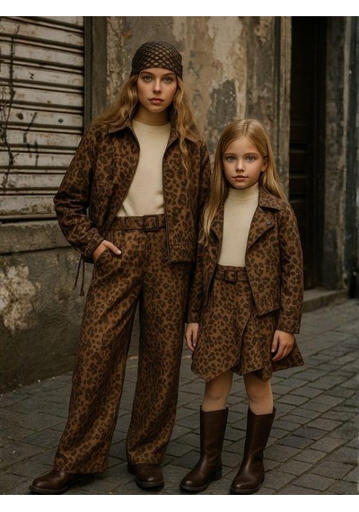Zekids Kız Çocuk Leopar Desenli Süet Geniş Paça Tasarım Pantolon-16291 Kahverengi
