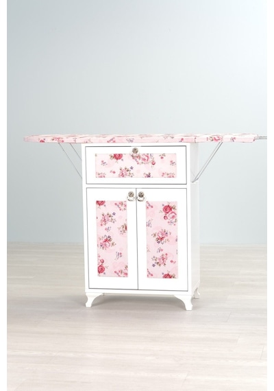 Mistik Home Rose Katlanır Dolaplı Ütü Masası Beyaz Gövde, Pembe Çiçek Desenli Beyaz/pembe