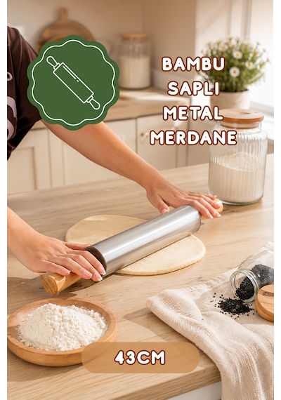 Porsima Mnb05773 Ahşap Saplı Paslanmaz Çelik Merdane Oklava Hamur Pizza Börek Açma Oklava 43cm