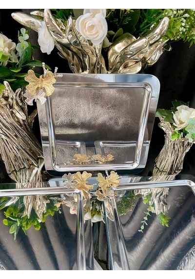Atabey Home Collection 6 Adet Kahve & Çay & Sunum Tepsisi Metal Döküm Gümüş Tepsi Kelebek Aksesuarlı