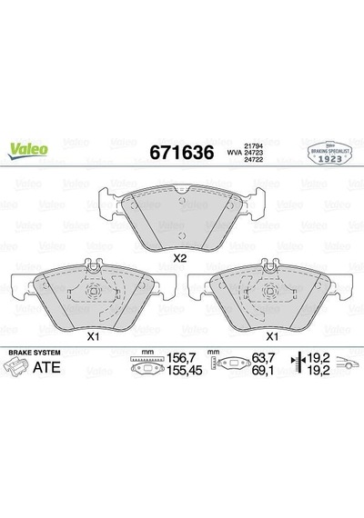VALEO 671636 Ön Disk Fren Balatası Mercedes E240 2.6 08/03 - 07/05 Mercedes E280 3.0/3.0D 03/05 - 07/0