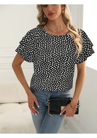 Efnaz Style Kadın Kısa Kollu Kolları Volanlı Baskılı Süprem Bluz siyah