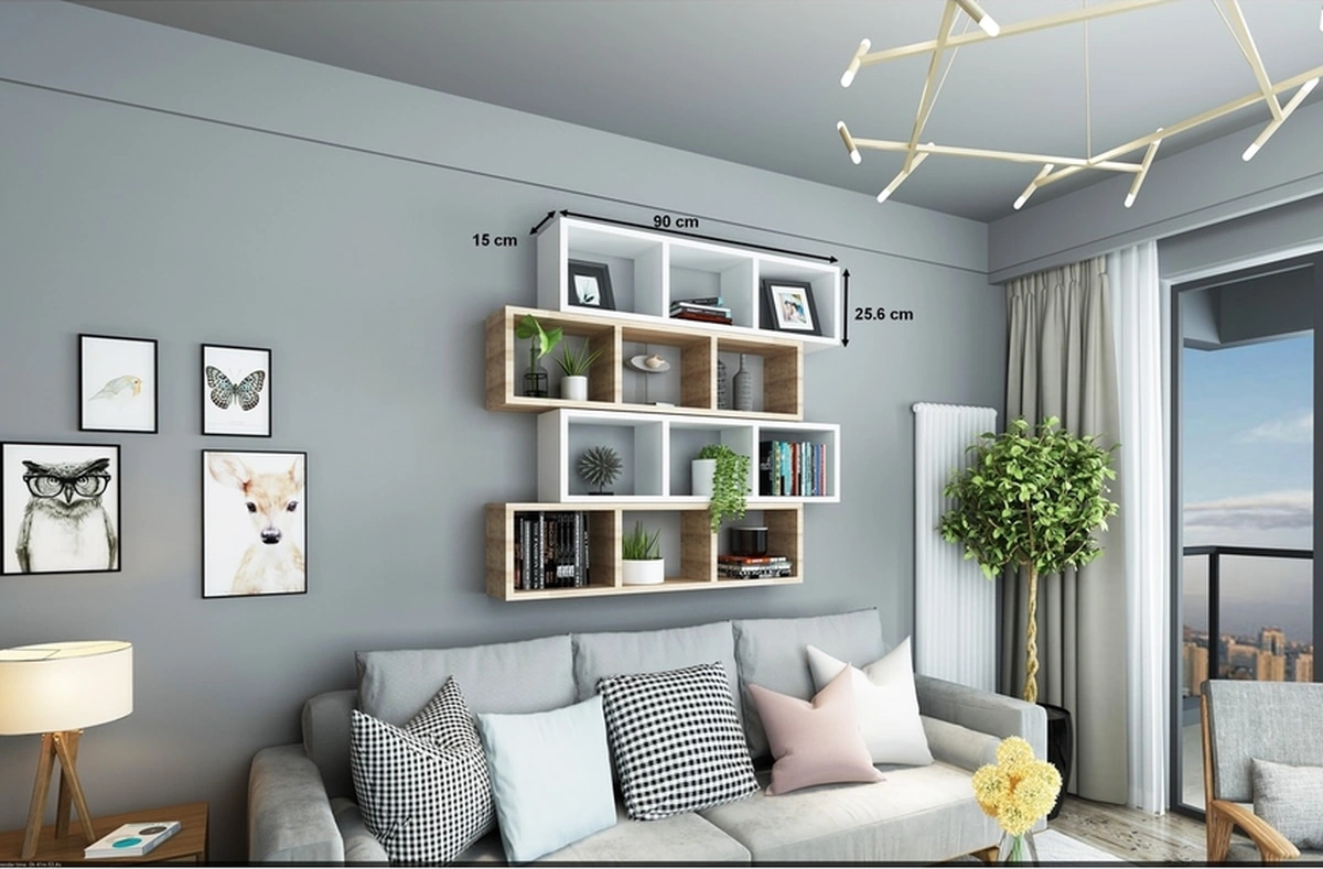 Kitaplık Lux Yatay Duvar Rafı Meşe Beyaz 4 Lü Takım Meşe Beyaz