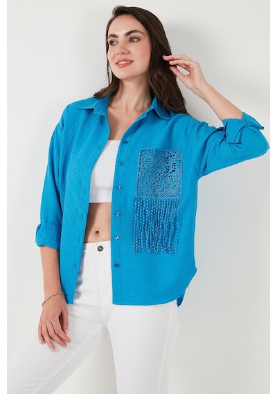 Lela Regular Fit Güpürlü Cep Detaylı Uzun Kollu Bayan Gömlek 6773215 Mavi