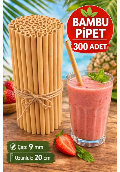 300 Adet Bambu Pipet 9mm X 20cm Kalın Smoothie Pipeti Doğal Çevre Dostu