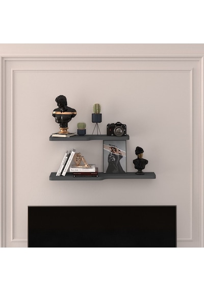 Asra Trend Kıvrımlı Duvar Rafı DRF-03 %100 MDF 2'li Dekoratif Organizer Kitaplık Antrasit