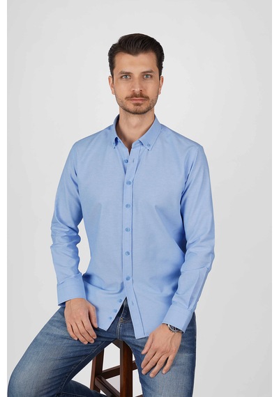 Koyu Mavi Yaka Düğmeli Premium Şamre Slimfit Erkek Gömlek Koyu Mavi