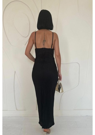 De'charme Siyah Piliseli Halter Boyun Elbise