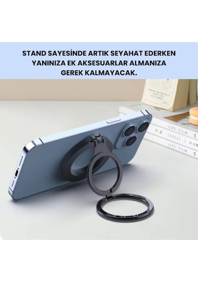 Coofbe Yükseklik Ayarlı Katlanılabilir Magsafe Uyumlu Magnetic Çift Halkalı Telefon Standı Halka Telefon Tutucu Siyah