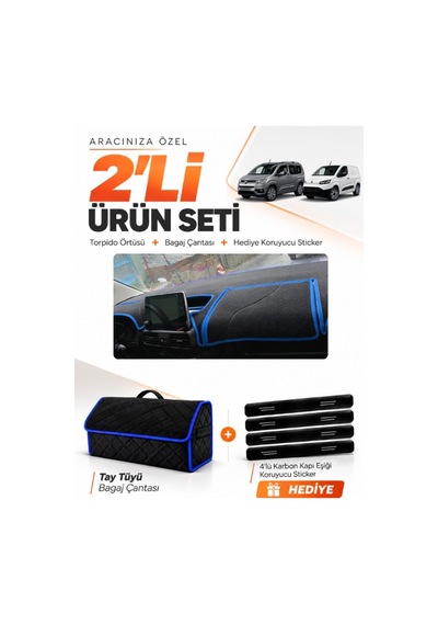 E-biz Toyota Proace Cıty 2020-2026 Uyumlu Torpido Örtüsü + Tay Tüyü Çanta - Siyah-mavi - To021